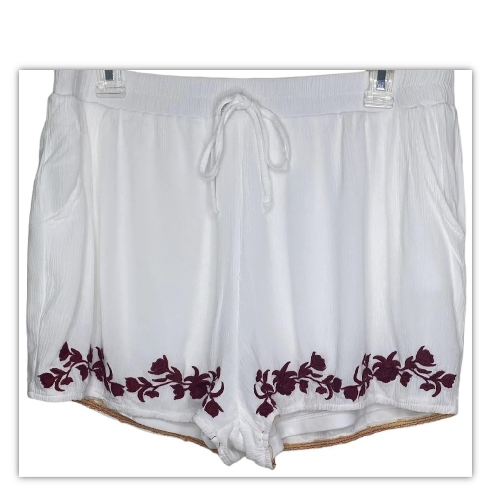 Dizzy Lissy Women’s Pull Up Shorts Large White Red Floral Print Pockets Elastic